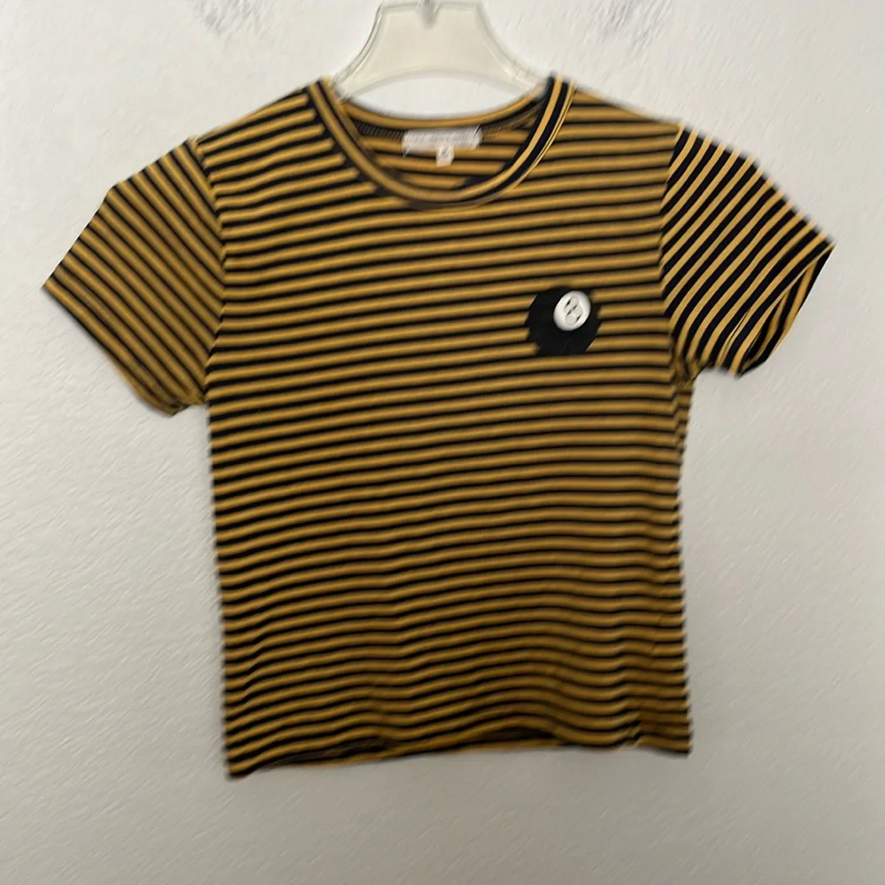 8 BALL T-SHIRT BY TRULY MADLY DEEPLY L.A. DK NAVY&YELLOW STRIPES SZ M GREAT COND - Picture 1 of 4